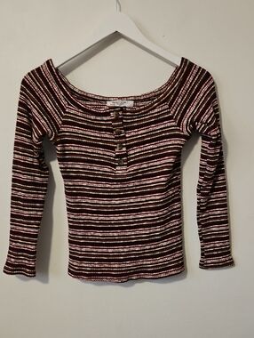 Project Social T Striped Ribbed Henley Long-Sleeve Top - Burgundy